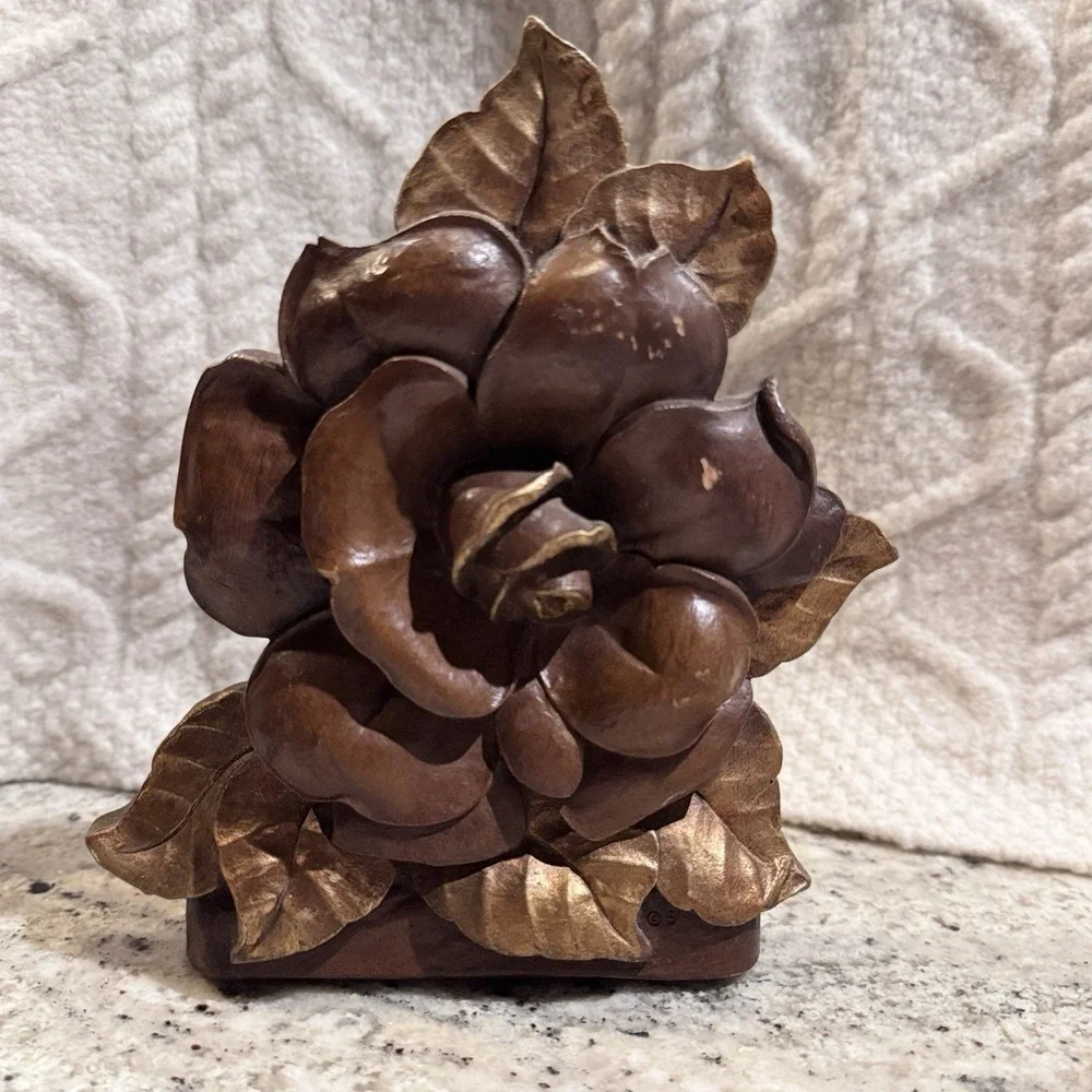 Vintage Syroco Wood Style Floral Figural Wild Rose Bookend Decor Flower Gold MCM